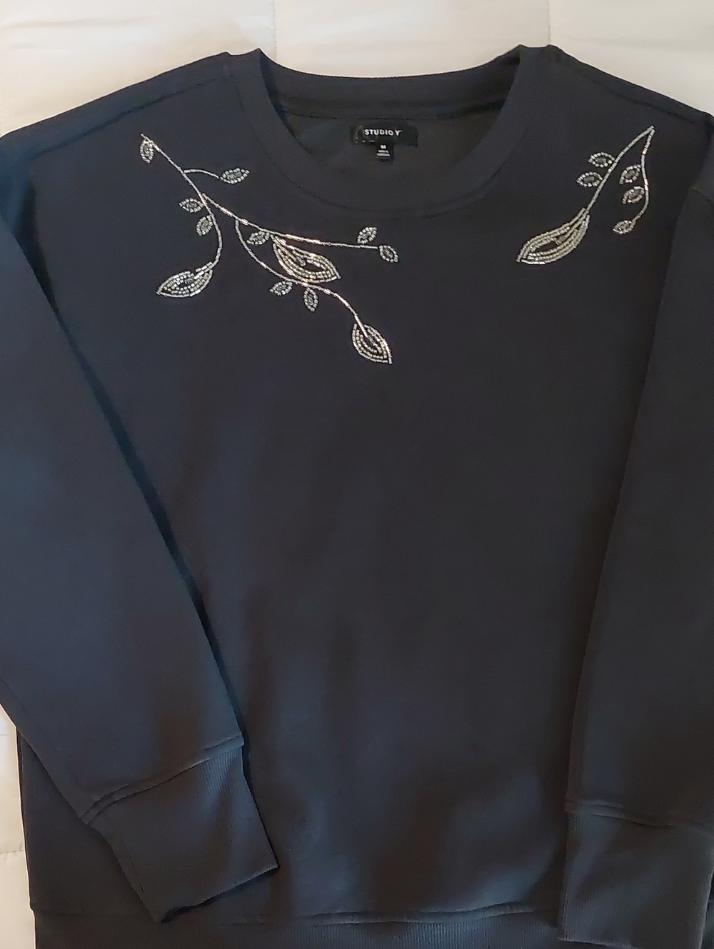 Studio Y Black Crewneck Sweater with Silver Leaf Embellishment